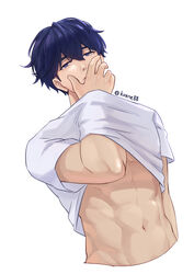  1boy blue_hair clothes_lift guilty_challenge_(meme) hair_between_eyes highres kirene88 male_focus meme midriff navel plave purple_eyes shirt shirt_lift short_hair solo stomach toned toned_male white_background white_shirt yejun_(plave) 