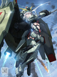  armor armored_boots blue_eyes blue_sky blush boots cloud commentary_request covered_navel day energy energy_beam english_commentary exhaust female floating_hair flying forbidden_gundam furrowed_brow gauntlets glint grey_hair grin gundam gundam_seed hair_between_eyes headgear highres holding holding_scythe holding_weapon laser looking_at_viewer mecha_musume mixed-language_commentary outdoors paid_reward_available parted_lips personification qr_code science_fiction scythe shield shoulder_armor sky slit_pupils smile smoke solo teeth thrusters tom-neko_(zamudo_akiyuki) twitter_username v-fin weapon 