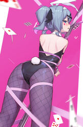  absurdres ace_(playing_card) ace_of_diamonds animal_ears aton_(user_kufr5245) black_leotard blue_eyes blue_hair card diamond_(shape) fake_animal_ears fake_tail female fishnet_pantyhose fishnets from_behind hair_ornament hair_ribbon hatsune_miku highres king_(playing_card) king_of_hearts_(playing_card) leotard looking_back open_mouth pantyhose playing_card pole rabbit_ears rabbit_hole_(vocaloid) rabbit_tail ribbon simple_background solo standing stripper_pole tail ten_of_hearts twintails vocaloid x_hair_ornament 