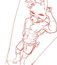  abs ahseo animal_crossing anthro antlers bam_(animal_crossing) clothed clothing deer hi_res horn line_art male mammal monochrome muscular muscular_male nintendo pecs red_and_white simple_background solo topless topless_male v-cut white_background 