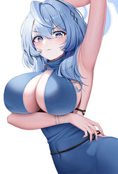  absurdres ako_(blue_archive) ako_(dress)_(blue_archive) arm_under_breasts arm_up armpits bangle biting_own_lip blue_archive blue_dress blue_eyes blue_hair bracelet breasts chanpower233 dress evening_gown female fingernails halo highres jewelry large_breasts looking_at_viewer nail_polish official_alternate_costume presenting_armpit sideboob sideless_dress simple_background solo white_background 