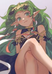  absurdly_long_hair arm_support armpit_crease blue_bow blue_dress blunt_bangs blurry_edges bow braid cleavage_cutout closed_mouth clothing_cutout commentary crossed_legs dress feet_out_of_frame female fire_emblem fire_emblem:_three_houses flat_chest gold_bow gold_trim green_eyes green_hair hair_ornament headpiece highres jabeko light_blush lips long_hair pointy_ears red_ribbon ribbon side_braids simple_background sitting solo sothis_(fire_emblem) tassel tassel_hair_ornament very_long_hair white_background white_ribbon 