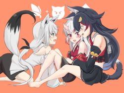  3girls ahoge all_fours animal_ear_fluff animal_ears ayafubumi_(hololive) barefoot bell black_hair black_kimono black_shirt black_shorts black_skirt blue_eyes blush bow bra breasts brown_eyes commentary_request detached_sleeves face-to-face feet fox_ears fox_girl fox_tail hairbow highres hololive horns hug hug_from_behind japanese_clothes jingle_bell kagami_yoshino kimono knees_up legs long_hair multicolored_hair multiple_girls nakiri_ayame nakiri_ayame_(1st_costume) off_shoulder ookami_mio ookami_mio_(1st_costume) open_mouth ponytail red_bra red_eyes red_sleeves ribbon shirakami_fubuki shirakami_fubuki_(1st_costume) shirt short_kimono shorts sitting skirt smile streaked_hair tail thighs toes underwear virtual_youtuber white_hair white_shirt white_sleeves wolf_ears wolf_girl wolf_tail yuri 