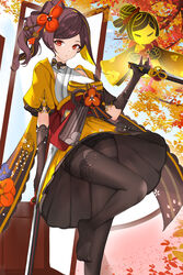  absurdres asymmetrical_sidelocks black_gloves black_hair black_pantyhose black_thighhighs blonde_hair chiori_(genshin_impact) closed_mouth drill_hair drill_ponytail expressionless female foot_out_of_frame genshin_impact gloves hair_ornament highres holding holding_sword holding_weapon japanese_clothes kimono legs looking_at_viewer medium_hair multicolored_hair no_shoes obi outdoors panties panties_under_pantyhose pantyhose red_eyes rem_mie sash short_kimono short_sleeves side_ponytail skirt solo standing standing_on_one_leg sword tamoto_(genshin_impact) thighhighs thighhighs_over_pantyhose thighs toes two-tone_hair underwear weapon yellow_skirt 