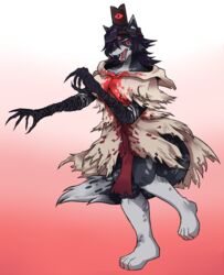  3_eyes anthro black_hair black_sclera canid canine canis claws clothing crown cult_of_the_lamb female fluffy_tails hair headgear hi_res lilithdog mammal massive_monster_(studio) multi_eye open_mouth red_eyes robe robe_only solo standing tail the_one_who_waits tonolov wolf 