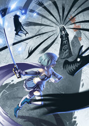  battle blue_eyes blue_footwear blue_hair boots cape elsa_maria_(madoka_magica) gloves highres holding holding_sword holding_weapon les-chats-nocturnes magical_girl mahou_shoujo_madoka_magica mahou_shoujo_madoka_magica_(anime) miki_sayaka miki_sayaka_(magical_girl) saber_(weapon) sebastians_(madoka_magica) shadow short_hair skirt sword thigh_strap thighhighs weapon white_cape white_gloves witch&#039;s_labyrinth witch_(madoka_magica) zettai_ryouiki 