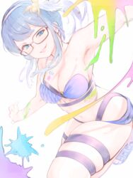  bikini black-framed_eyewear blue_bikini blue_eyes blue_hair blush breasts cleavage feather_hair_ornament feathers female fishnets glasses granblue_fantasy hair_ornament hairband illnott_(granblue_fantasy) illnott_(summer)_(granblue_fantasy) large_breasts looking_at_viewer paint paint_splatter parted_lips single_strap skindentation solo swimsuit thigh_strap tomamatto 