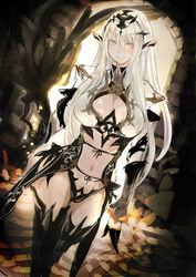  absurdres black_gloves breasts cleavage cleavage_cutout clothing_cutout commentary_request elf female gloves grey_eyes headwear_request highres huge_breasts long_hair looking_at_viewer navel original pointy_ears ricci smile solo thighhighs white_hair 