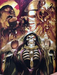  5boys ainz_ooal_gown armor bukubukuchagama cape collar demon goat hat hood horns multiple_boys official_art overlord_(maruyama) peroroncino robe skeleton slime so-bin tabula_smaragdina tentacle touch_me ulbert_alain_odle 