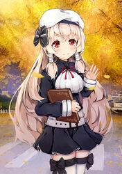  black_bow black_jacket blonde_hair book bow chaser_(warship_girls_r) commentary_request cowboy_shot female hairbow hat highres holding holding_book jacket long_hair long_sleeves looking_at_viewer outdoors red_eyes red_ribbon ribbon situmey smile solo standing thighhighs warship_girls_r white_hat 