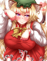  animal_ears blonde_hair blush bow breasts cat_ears cat_tail chen chen_(cosplay) commentary_request cosplay ear_piercing earrings female hat heart highres huge_breasts jewelry long_hair long_sleeves looking_at_viewer mob_cap multiple_tails paw_pose photoshop_(medium) piercing purple_eyes red_eyes shirt single_earring smile solo tail touhou very_long_hair yakumo_yukari zan_(harukahime) 