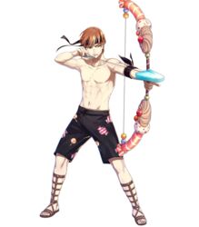  1boy alternate_costume arrow_(projectile) bow_(weapon) candy candy_print commentary_request drawing_bow fire_emblem fire_emblem_awakening fire_emblem_heroes food food_in_mouth full_body gaius_(fire_emblem) gaius_(summer)_(fire_emblem) green_eyes hako_ichiiro highres holding holding_bow_(weapon) holding_weapon legs_apart lollipop male_focus male_swimwear official_art popsicle red_hair sandals solo swim_trunks topless_male transparent_background weapon 