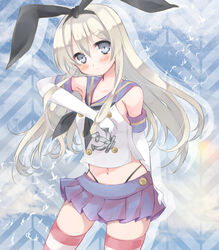  anchor blonde_hair blue_eyes blush commentary_request elbow_gloves female gloves hairband hand_on_own_hip kantai_collection long_hair looking_at_viewer mushi_baibai shimakaze_(kancolle) skirt solo striped_clothes striped_thighhighs thighhighs white_gloves 