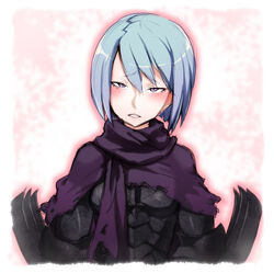  armor beruka_(fire_emblem) blue_hair blush commentary_request female fire_emblem fire_emblem_fates hair_between_eyes looking_at_viewer no_headband parted_lips purple_eyes short_hair solo torn_clothes upper_body wakai_hiroshi 