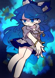  bangle bare_legs barefoot blue_bow blue_eyes blue_hair blue_skirt bow bracelet bug butterfly collarbone expressionless female grey_hoodie hairbow harunori_(hrnrx) hood hoodie jewelry long_hair short_sleeves skirt solo touhou yorigami_shion 