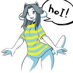  1:1 2015 5_fingers anthro anthrofied black_hair bottomless caleana canid canine canis clothed clothing collar dialogue digital_media_(artwork) domestic_dog english_text felid female fingers fur grey_eyes grey_hair hair hi_res lol_comments mammal open_mouth shirt simple_background smile solo speech_bubble standing stripes tem temmie_(undertale) text topwear undertale undertale_(series) white_background white_body white_fur 