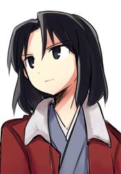  :| black_eyes black_hair closed_mouth commentary_request female highres jacket japanese_clothes kara_no_kyoukai kimono kinosaki_(green_patio) ryougi_shiki short_hair simple_background solo upper_body white_background 