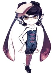  +_+ bare_arms bare_shoulders black_hair brown_eyes callie_(splatoon) collarbone commentary_request detached_collar earrings female food food_on_head full_body gloves hair_ornament hair_rings hand_on_own_hip high_heels inkling jewelry mole mole_under_eye object_on_head oerba_yun_fang pantyhose pointy_ears purple_pantyhose riuichi short_hair short_jumpsuit simple_background smile solo splatoon_(series) splatoon_1 sushi symbol-shaped_pupils tentacle_hair twintails unitard white_background white_gloves 