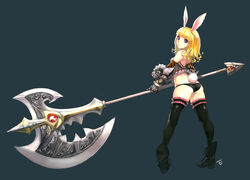  absurdres animal_ears armor ass axe berserker_(tera_online) blonde_hair blue_eyes boots commentary_request detached_sleeves dicorndl elin female from_behind gauntlets highres huge_weapon looking_back no_pants panties photoshop_(medium) rabbit_ears short_hair solo tail tera_online thighhighs underwear weapon 