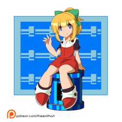  arm_support blonde_hair blunt_bangs bow commentary_request dress energy_tank female full_body green_bow hair_ornament hairbow high_ponytail highres hooded_dress lolicon long_hair looking_at_viewer mega_man_(classic) mega_man_(series) mega_man_11 patreon_logo patreon_username ponytail red_dress red_footwear roll_(mega_man) shoes short_sleeves sidelocks sitting smile solo thewolfhart waving 