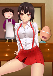  1boy 2girls aged_up black_hair breasts brown_hair chibi_maruko-chan commentary_request dominico grandfather_and_granddaughter highres large_breasts looking_at_viewer mother_and_daughter multiple_girls sakura_momoko sakura_sumire sakura_tomozou short_hair suspenders 