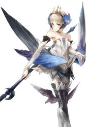  absurdres armor bare_shoulders blue_eyes collarbone commentary_request crown detached_sleeves female greaves grey_hair gwendolyn_(odin_sphere) highres leg_wings low_wings multiple_wings odin_sphere polearm ricci short_hair simple_background solo spear weapon white_background wings 