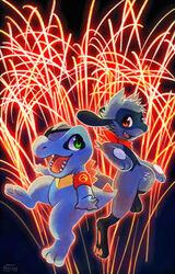  better_version_at_source blue_body blue_skin canid canine digital_media_(artwork) duo fan_character feral fireworks generation_2_pokemon generation_4_pokemon haychel leon_(haychel) low_res male mammal nintendo pokemon pokemon_(species) riolu totodile vagus_(haychel) 