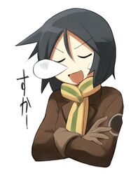  :d bandaid bandaid_on_face black_hair brave_witches brown_gloves closed_eyes commentary_request female gloves jacket kanno_naoe kinosaki_(green_patio) long_sleeves nose_bubble open_mouth scarf short_hair simple_background sleeping sleeping_upright smile solo upper_body v-shaped_eyebrows white_background world_witches_series 