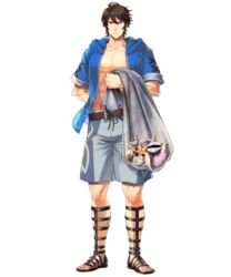  1boy arm_behind_back belt brown_eyes brown_hair commentary_request fire_emblem fire_emblem_awakening fire_emblem_heroes fishing_net frederick_(fire_emblem) frederick_(summer)_(fire_emblem) full_body highres hood hooded_jacket jacket male_focus male_swimwear official_art open_clothes open_jacket sandals shell short_sleeves sleeves_rolled_up solo starfish suekane_kumiko swim_trunks transparent_background 