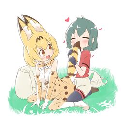  2girls animal_ears backpack bad_id bad_twitter_id bag bare_shoulders belt black_hair blonde_hair blush bow bowtie check_commentary closed_eyes commentary_request elbow_gloves gloves hat heart helmet highres inactive_account kaban_(kemono_friends) kemono_friends loafers makuran multicolored_hair multiple_girls orange_bow orange_bowtie pantyhose pith_helmet print_bow print_bowtie seiza serval_(kemono_friends) serval_print shirt shoes short_hair shorts sitting skirt smelling t-shirt tail tail_grab tail_on_face thighhighs two-tone_bowtie unworn_hat unworn_headwear vest white_bow white_bowtie yellow_eyes 