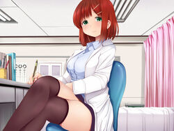  bed black_thighhighs blue_shirt breasts chair coat collared_shirt commentary_request crossed_legs curtains desk eye_chart feet_out_of_frame female green_eyes hair_ornament hairclip hospital_bed indoors infirmary kozue_akari lab_coat landolt_c large_breasts legs long_sleeves looking_at_viewer miniskirt office_chair open_clothes open_coat original pen red_hair school_nurse shirt short_hair sitting skirt smile solo swivel_chair thighhighs thighs zettai_ryouiki 