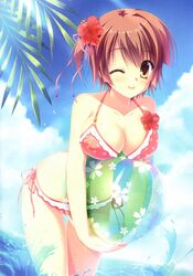  ;p absurdres ball beachball bikini breasts brown_eyes brown_hair cleavage da_capo da_capo_iii female flower hair_flower hair_ornament halterneck hibiscus highres hinomoto_aoi large_breasts ocean one_eye_closed pink_bikini polka_dot polka_dot_bikini short_hair solo swimsuit takano_yuki_(allegro_mistic) tongue tongue_out water 