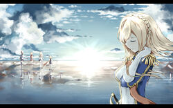  5girls absurdres aiguillette anchor anotoki_ashi bad_id bad_pixiv_id blonde_hair blue_jacket blue_sky braid chinese_commentary clenched_hand closed_eyes closed_mouth cloud commentary_request crown_braid epaulettes eyelashes floating_hair from_behind from_side gloves glowworm_(warship_girls_r) hand_up highres hood_(warship_girls_r) horizon jacket landscape letterboxed light_rays multiple_girls nelson_(warship_girls_r) outdoors profile red_sash reflection reflective_water richelieu_(warship_girls_r) rodney_(warship_girls_r) sash scenery sky smile solo_focus standing sun sunlight upper_body warship_girls_r water white_gloves wind 