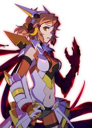  armor artist_request bike_shorts bodysuit breasts brown_hair clenched_hands female female gauntlets hair_ornament highres large_breasts md5_mismatch mecha_musume navel navel_cutout orange_eyes scarf senki_zesshou_symphogear short_hair simple_background solo tachibana_hibiki_(symphogear) tsuta_no_ha 