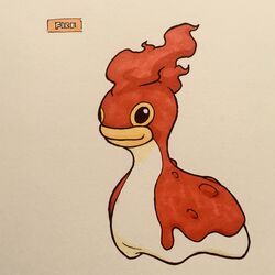  2018 alternate_color alternate_species ambiguous_gender black_eyes elemental_creature english_text fakemon feral fire firefightdex front_view full-length_portrait gastropod generation_4_pokemon goo_creature hi_res lava lips marco_fanjul marker_(artwork) mineral_fauna mixed_media mollusk multicolored_body nintendo pen_(artwork) pokemon pokemon_(species) portrait red_body shadow shellos simple_background smile solo standing text thick_lips toony traditional_media_(artwork) two_tone_body uniped white_background white_body yellow_sclera 