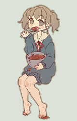  barefoot bow bowl brown_hair chocolate chocolate_covered chocolate_on_clothes eating feet female food hantoumei_namako open_mouth ribbon school_uniform simple_background twintails 