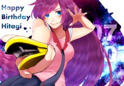  bad_id bad_pixiv_id bakemonogatari bare_shoulders blue_eyes character_name curry_gohan dated female foreshortening happy_birthday heart long_hair looking_at_viewer monogatari_(series) naoetsu_high_school_uniform purple_hair school_uniform senjougahara_hitagi sleeves_rolled_up smile solo stapler 