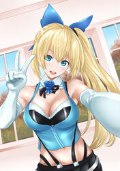  :d armpits bare_shoulders blonde_hair blue_eyes breasts cleavage commentary_request elbow_gloves female gloves hair_ornament highres long_hair looking_at_viewer midriff mirai_akari mirai_akari_project navel okumori_boy open_mouth photoshop_(medium) side_ponytail sleeveless smile solo suspenders teeth v virtual_youtuber white_gloves 