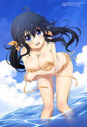  2015 absurdres ahoge alternate_hairstyle bare_shoulders bent_over bikini black_hair blue_eyes blue_sky blush breasts cleavage cloud crossed_arms d: day female frilled_bikini frills hair_between_eyes hair_ribbon highres large_breasts long_hair long_legs looking_at_viewer low_twintails magazine_scan megami_magazine netoge_no_yome_wa_onna_no_ko_janai_to_omotta? ocean official_art open_mouth orange_bikini outdoors ribbon scan side-tie_bikini_bottom sky solo swimsuit tamaki_ako teeth twintails wading wardrobe_malfunction water wet yano_akane 