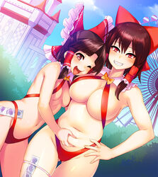  2girls ;d ass_visible_through_thighs bare_arms belly belly_grab benikurage_(cookie) blush bow bowtie breasts brown_eyes brown_hair building bush checkered cloud commentary condom condom_in_clothes condom_packet_strip condom_wrapper cookie_(touhou) cowboy_shot day detached_collar dutch_angle ferris_wheel groin hair_between_eyes hair_tubes hairbow hakurei_reimu highres large_breasts looking_at_viewer medium_breasts multiple_girls navel oerba_yun_fang one_eye_closed open_mouth outdoors photoshop_(medium) pinching plump red_bow red_eyes reu_(cookie) sidelocks skindentation slingshot_swimsuit smile stomach swimsuit tarmo thigh_gap tongue tongue_out touhou yellow_bow yellow_bowtie yuri 