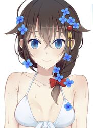  ahoge bikini blue_eyes braid brown_hair collarbone female flower flower_braid front-tie_top hair_between_eyes hair_flaps hair_flower hair_ornament hair_over_shoulder hair_ribbon kantai_collection long_hair looking_at_viewer oniku_(oishii_oniku) ribbon shigure_(kancolle) shigure_kai_ni_(kancolle) single_braid smile solo swimsuit wet wet_hair white_background white_bikini 