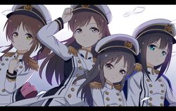  4girls bad_id bad_pixiv_id brown_eyes brown_hair epaulettes green_eyes hat hat_tip highres idolmaster idolmaster_cinderella_girls idolmaster_cinderella_girls_starlight_stage kochiya_hizuki long_hair military military_hat military_uniform multiple_girls naval_uniform nitta_minami peaked_cap ponytail seizon_honnou_valkyria_(idolmaster) shibuya_rin smile tachibana_arisu takamori_aiko uniform 