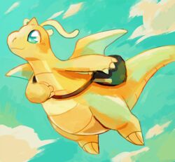  animal_focus blue_sky claws closed_mouth cloud cloudy_sky day dragon dragonite flying happy mailbag no_humans outdoors pokemon pokemon_(creature) rinnai-rai sky smile solo wings 