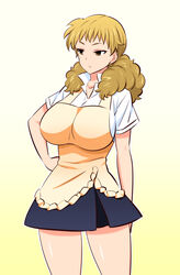  apron blonde_hair blue_skirt breasts collared_shirt commentary_request cowboy_shot dress_shirt female gabao_(mattari_2019) gradient_background hand_on_own_hip kondou_kisaki large_breasts long_hair looking_to_the_side miniskirt popped_collar school_uniform shirt short_sleeves skirt wagnaria_uniform white_shirt working!! working!!_(web_manga) yellow_apron yellow_eyes 