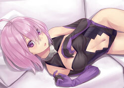  bed_sheet black_gloves black_leotard blush breasts cleavage clothing_cutout commentary_request doonatsu. elbow_gloves fate/grand_order fate_(series) female gloves hair_between_eyes highleg highleg_leotard indoors leotard looking_at_viewer lying mash_kyrielight medium_breasts navel navel_cutout on_side open_mouth pillow pink_hair purple_eyes solo 