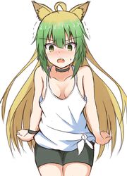  absurdres ahoge animal_ear_fluff animal_ears atalanta_(fate) bad_id bad_pixiv_id bare_arms bare_shoulders bike_shorts black_choker black_shorts blonde_hair blush breasts choker collarbone cosplay cowboy_shot fate/apocrypha fate_(series) female gradient_hair green_eyes green_hair hair_between_eyes highres hinata_channel long_hair looking_at_viewer loose_clothes medium_breasts mitchi multicolored_hair nekomiya_hinata nekomiya_hinata_(cosplay) nose_blush oerba_yun_fang open_mouth short_shorts shorts solo sweat tank_top trembling v-shaped_eyebrows very_long_hair virtual_youtuber white_tank_top 