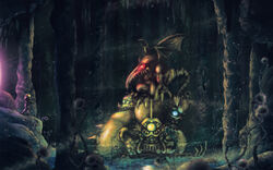  arm_cannon assault_visor cave claws commentary_request draygon glowing glowing_eyes gravity_suit_(metroid) green_visor highres in-universe_location kraid metroid orioto phantoon photoshop_(medium) plant ridley samus_aran science_fiction sharp_teeth solo spikes statue super_metroid teeth water weapon wings 