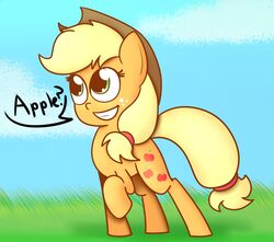  applejack_(mlp) blonde_hair clothing english_text equid equine female feral friendship_is_magic hair happy hasbro hat headgear headwear hi_res horse mammal mrdegradation my_little_pony outside smile solo teeth text 