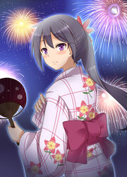  akebono_(kancolle) commentary_request female fireworks floral_print flower hair_flower hair_ornament hand_fan japanese_clothes kantai_collection kimono long_hair looking_back paper_fan purple_hair sazaki_hiyoru solo uchiwa 