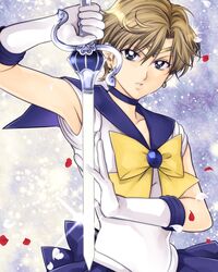  absurdres armpits bishoujo_senshi_sailor_moon blue_bow blue_choker blue_eyes blue_sailor_collar blue_skirt bow brown_hair choker circlet commentary_request cowboy_shot female gloves highres looking_at_viewer magical_girl pleated_skirt sailor_collar sailor_senshi_uniform sailor_uranus short_hair skirt solo space_sword ten&#039;ou_haruka terujirou_(masateruteru) very_short_hair white_gloves yellow_bow 